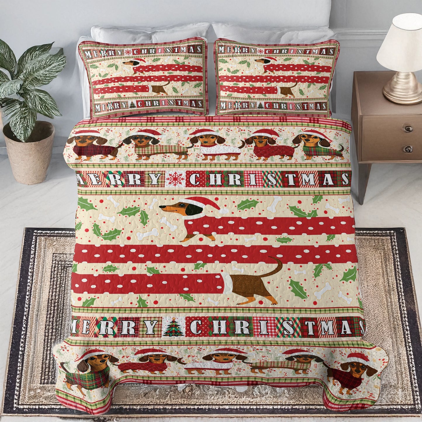 Shineful All Season Quilt 3-Piece Set - Christmas Playful Dachshund