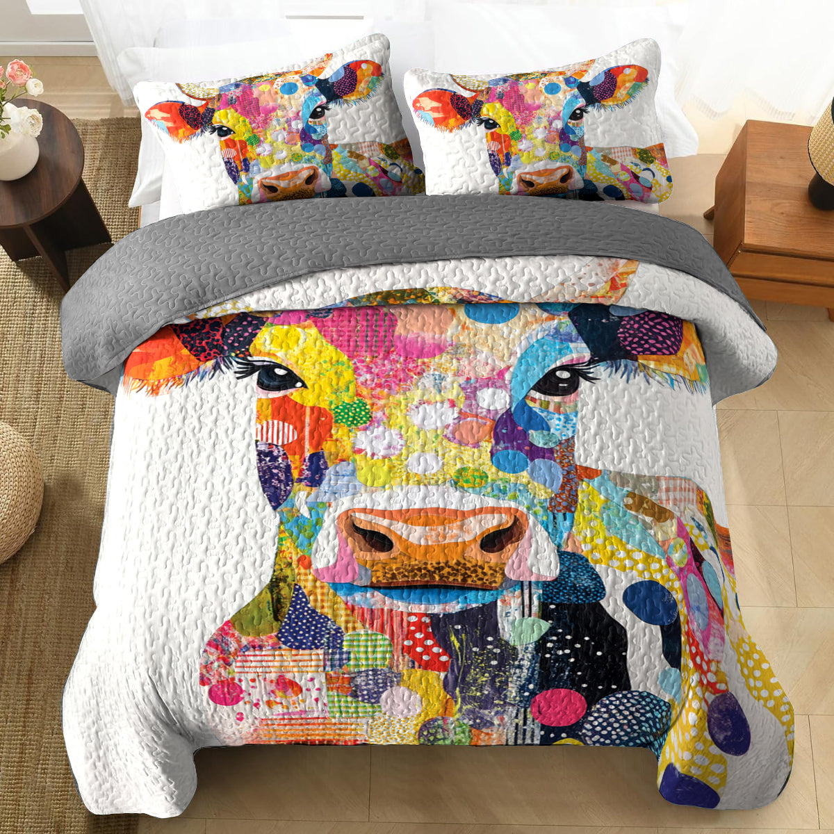 Shineful All Season Quilt 3-Piece Set Colorful Cow