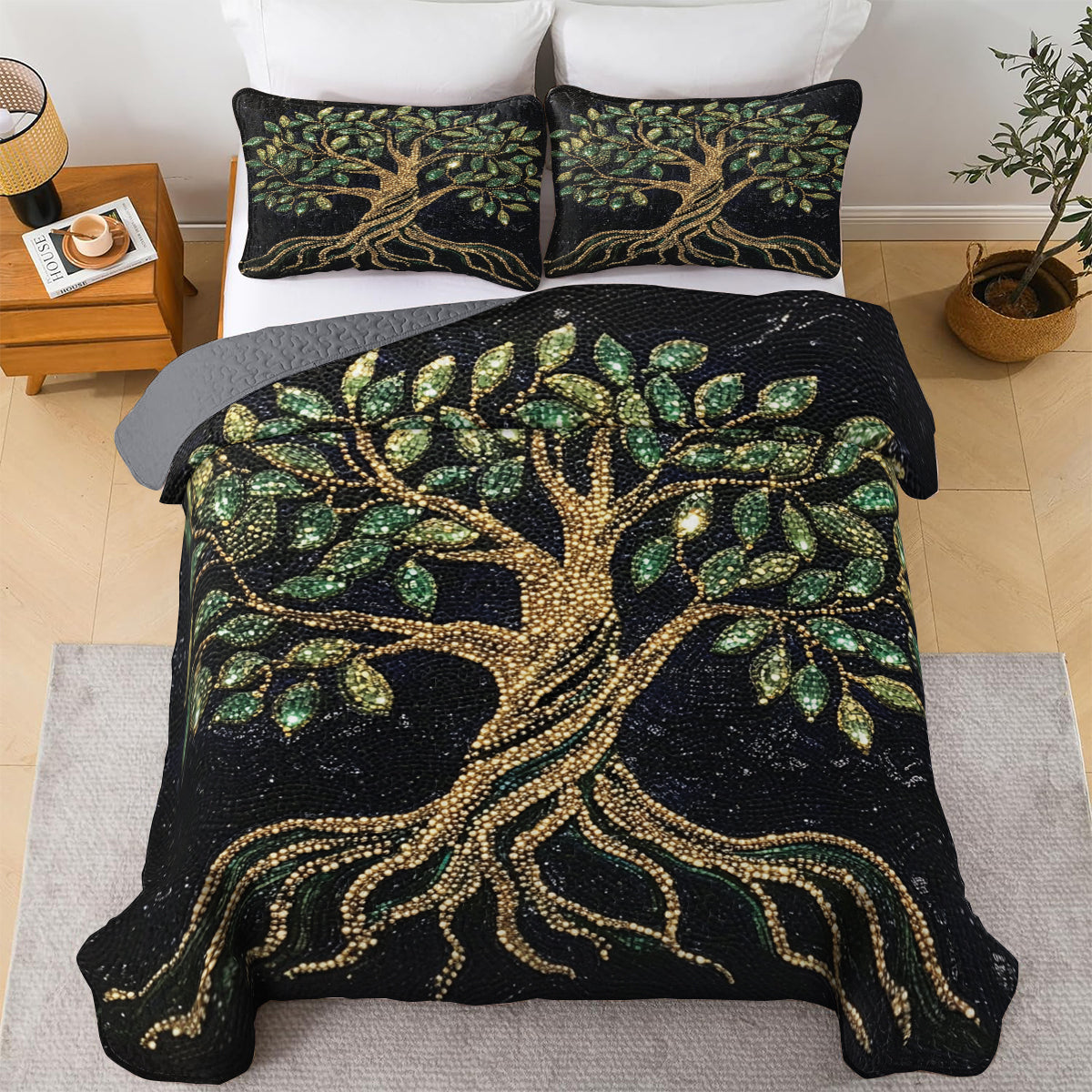 Shineful All Season Quilt 3-Piece Set Golden Tree of Life Luxury