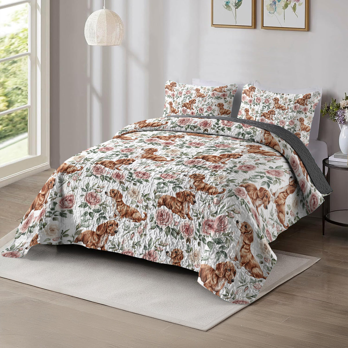 Shineful All Season Quilt 3-Piece Set Floral Dachshund Dreams