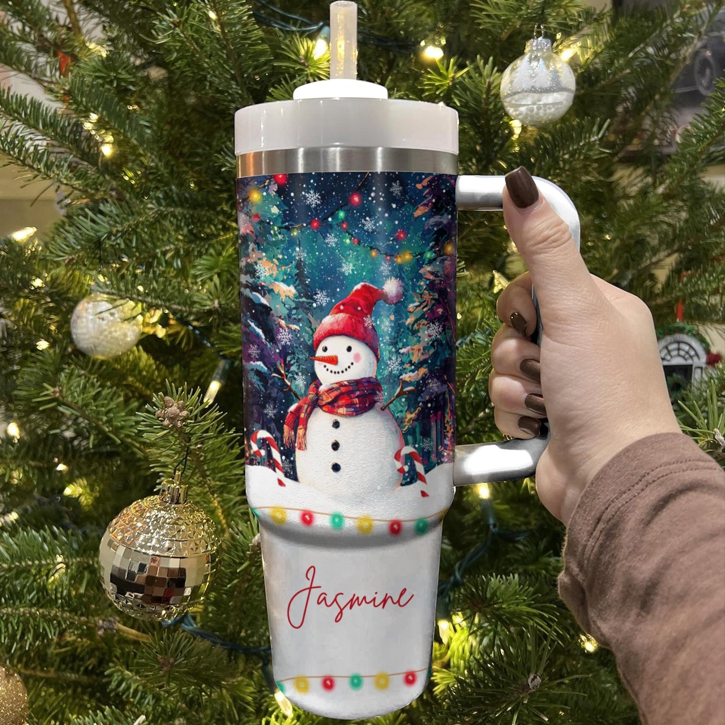Shineful Tumbler Personalized Snowman Under Christmas Light