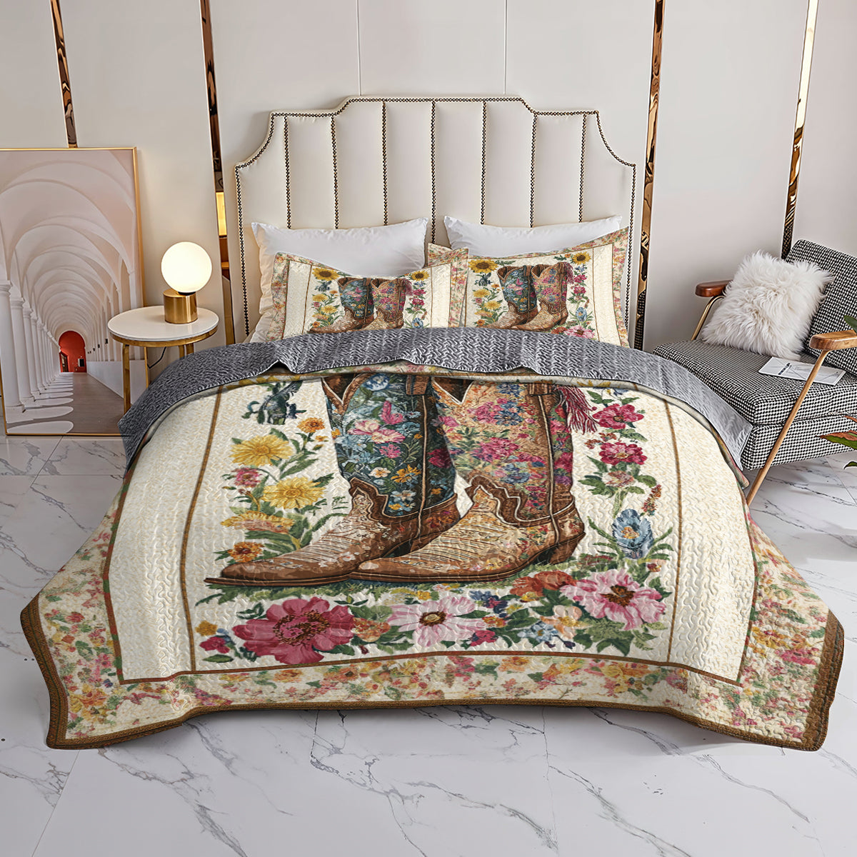 Shineful All Season Quilt 3-Piece Set Floral Cowboy Boots