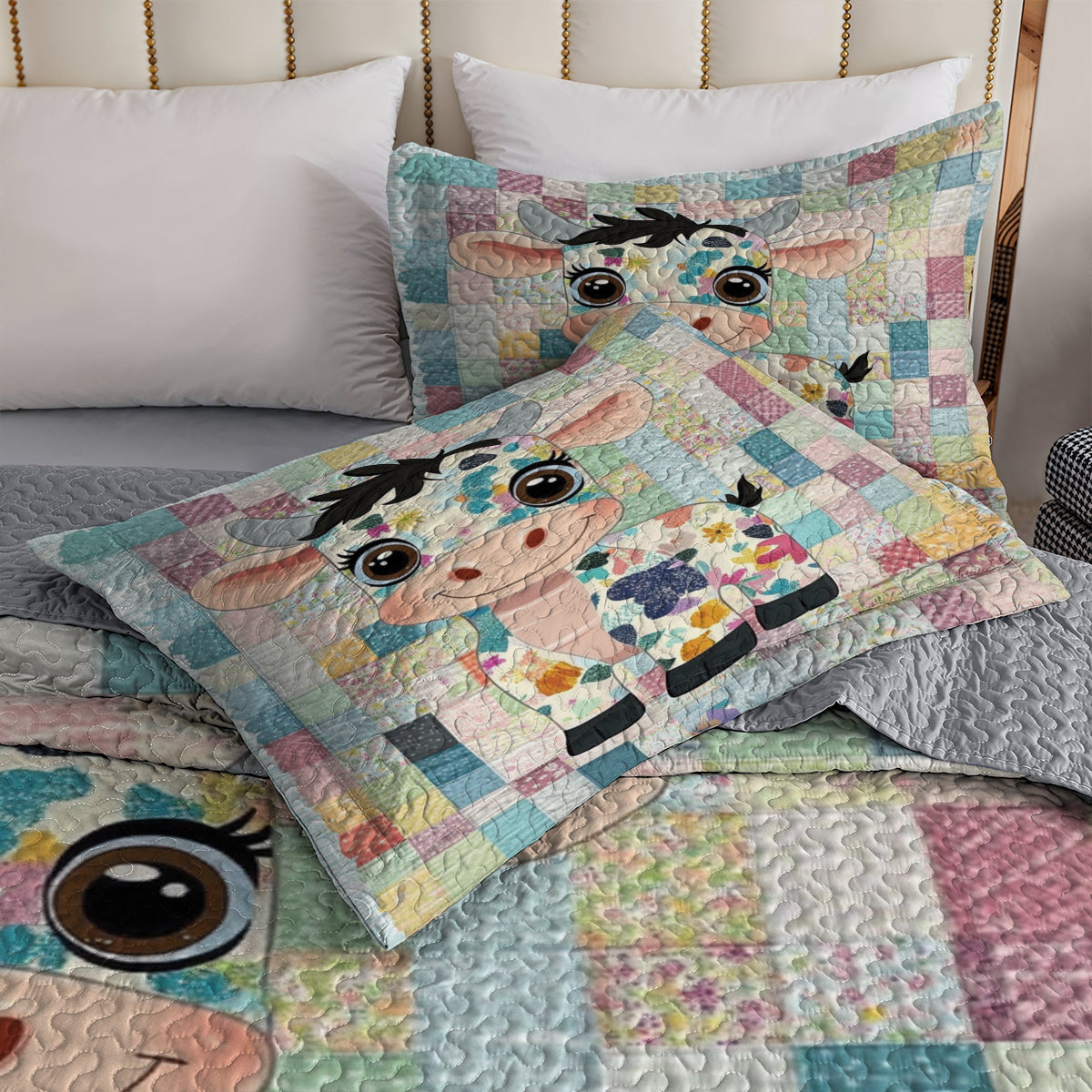 Shineful All Season Quilt 3-Piece Set Adorable Patchwork Cow