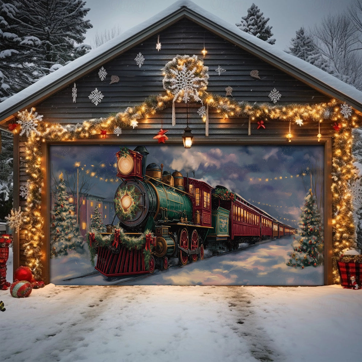 Shineful Garage Door Banner Decoration Christmas Eve Express Locomotive