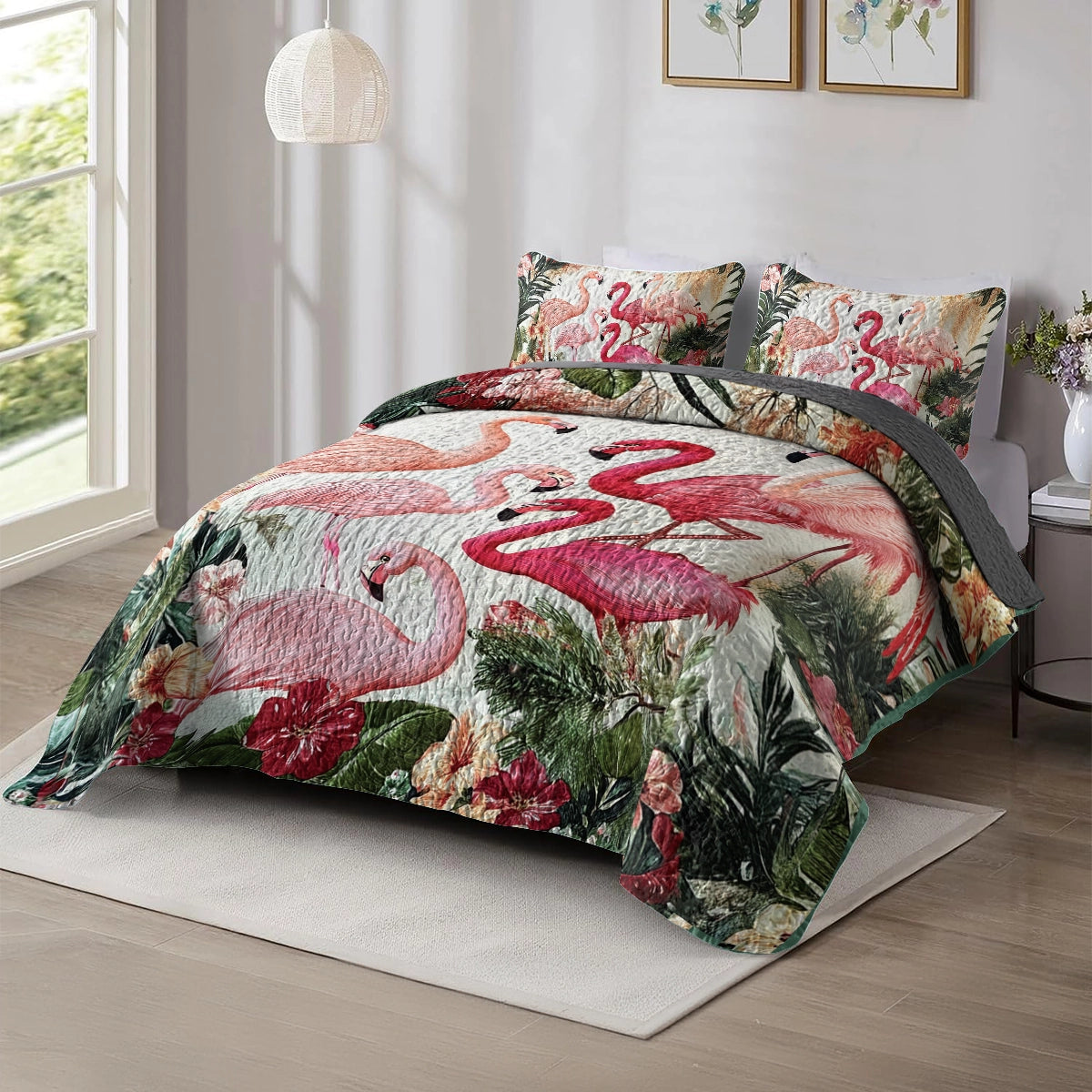 Shineful All Season Quilt 3-Piece Set - Tropical Flamingo Paradise
