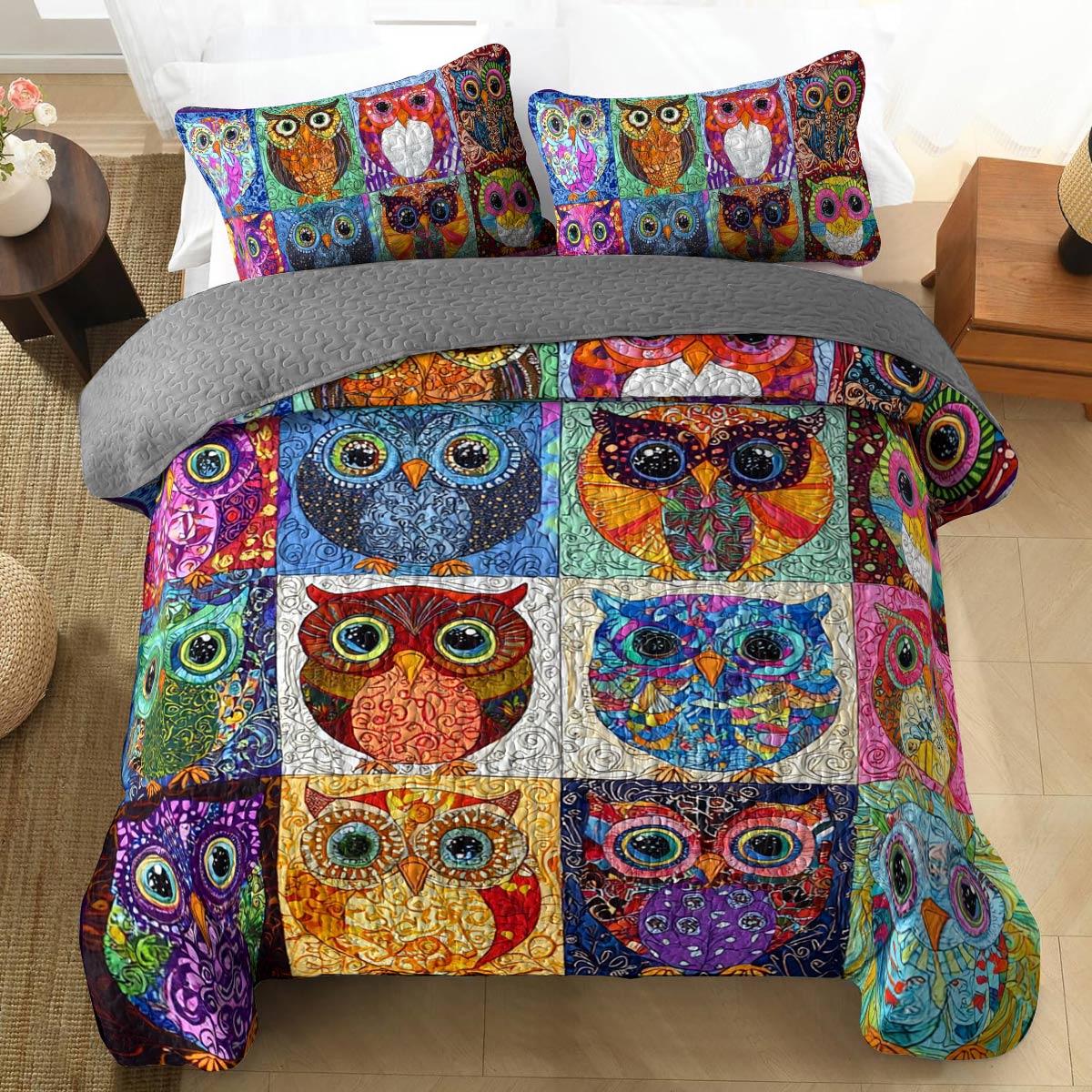 Shineful All Season Quilt 3-Piece Set Colorful Owls World