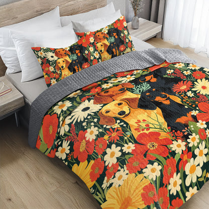 Shineful All Season Quilt 3-Piece Set Happy Floral Dachshund