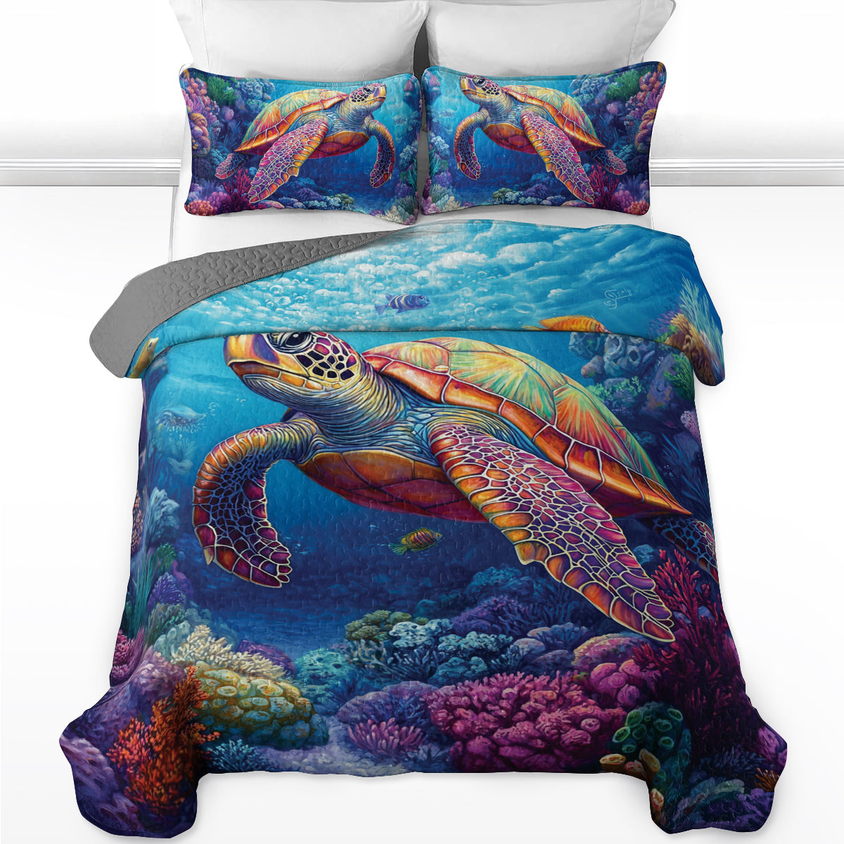Shineful All Season Quilt 3-Piece Set Vibrant Sea Turtle