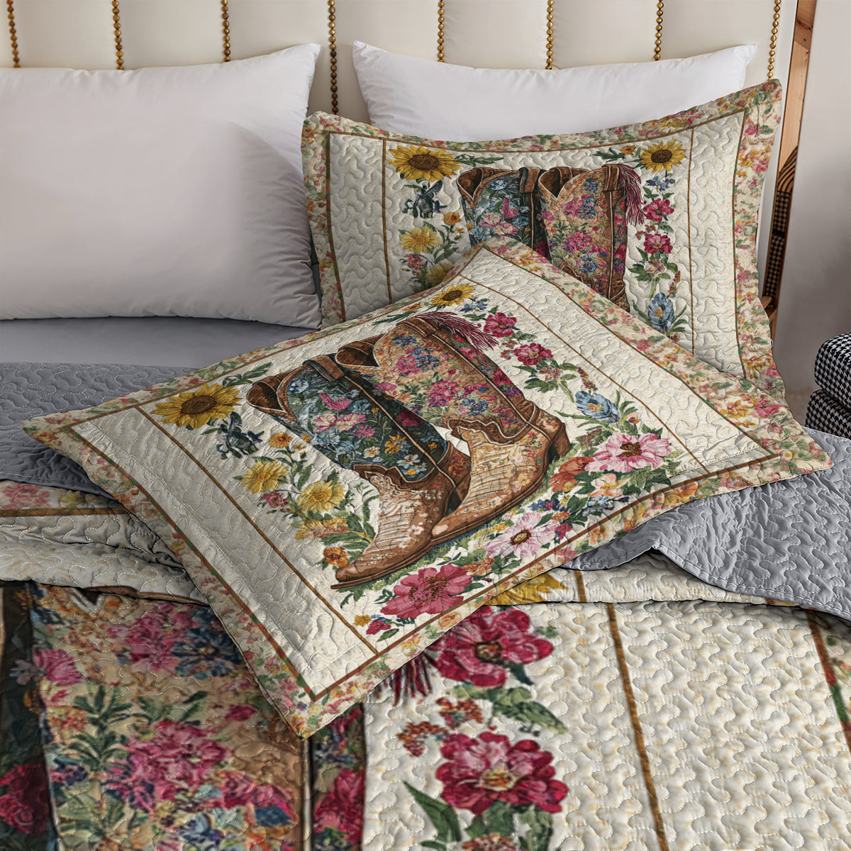 Shineful All Season Quilt 3-Piece Set Floral Cowboy Boots