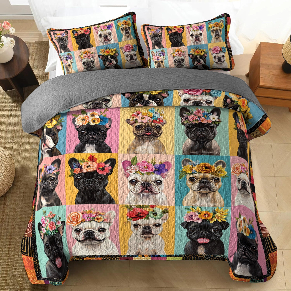 Shineful All Season Quilt 3-Piece Set Frenchie Flower Fiesta