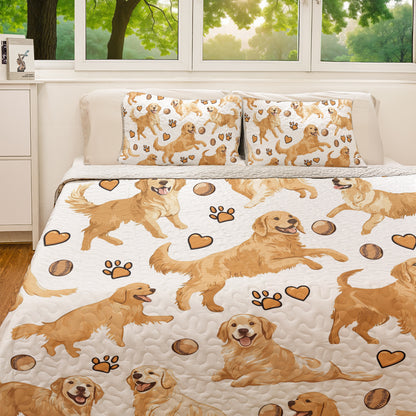 Shineful All Season Quilt 3-Piece Set Playful Golden Retriever Pattern