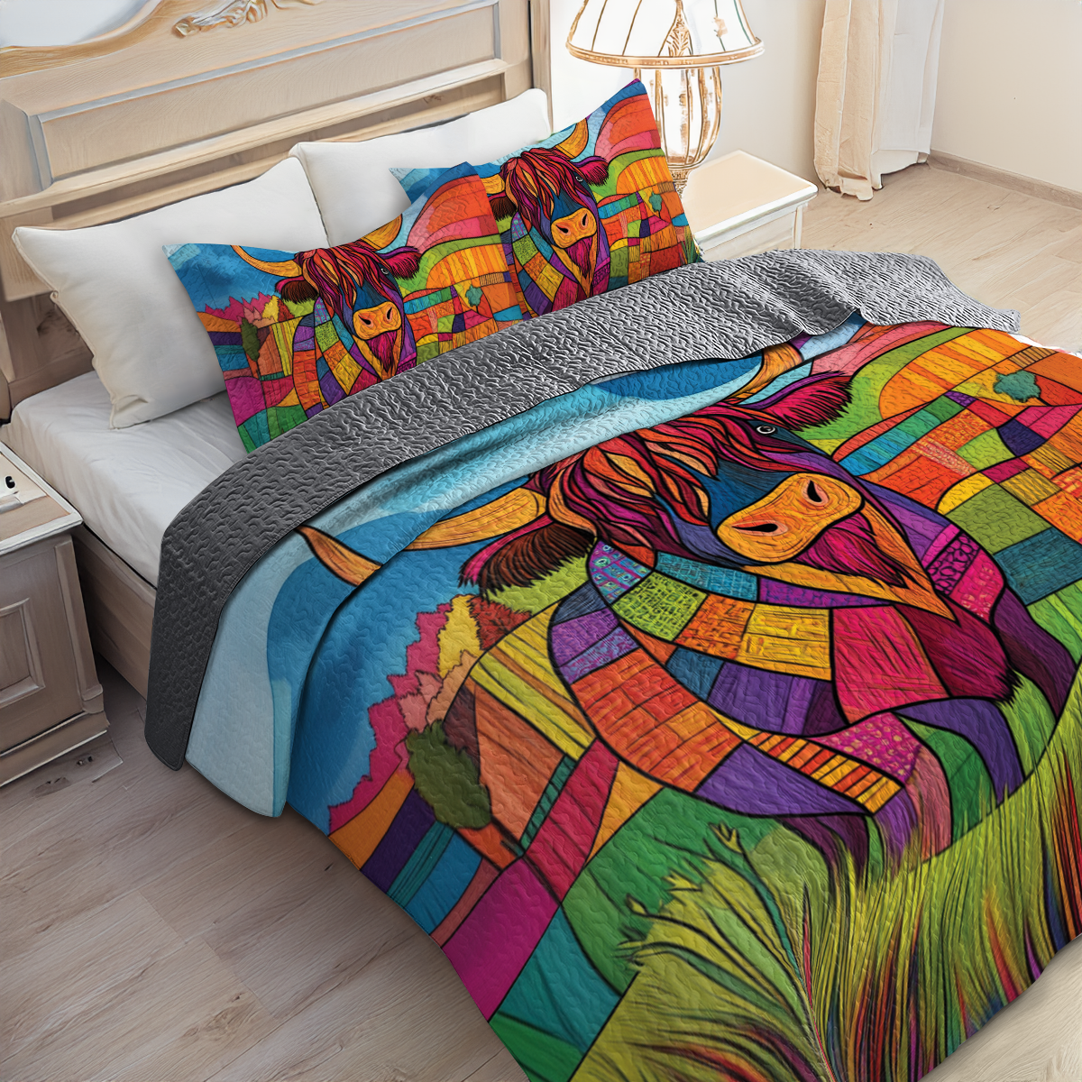 Shineful All Season Quilt 3-Piece Set - Vibrant Highland Cow