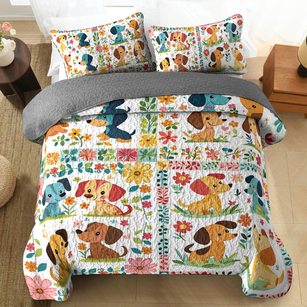 Shineful All Season Quilt 3-Piece Set Dachshund Floral Patch