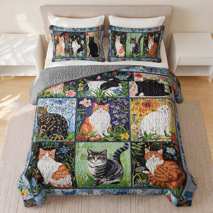 Shineful Quilt 3-Piece Set Cat Floral Felines