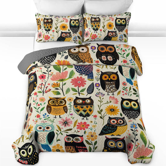 Shineful All Season Quilt 3-Piece Set Gentle Flowers Owl
