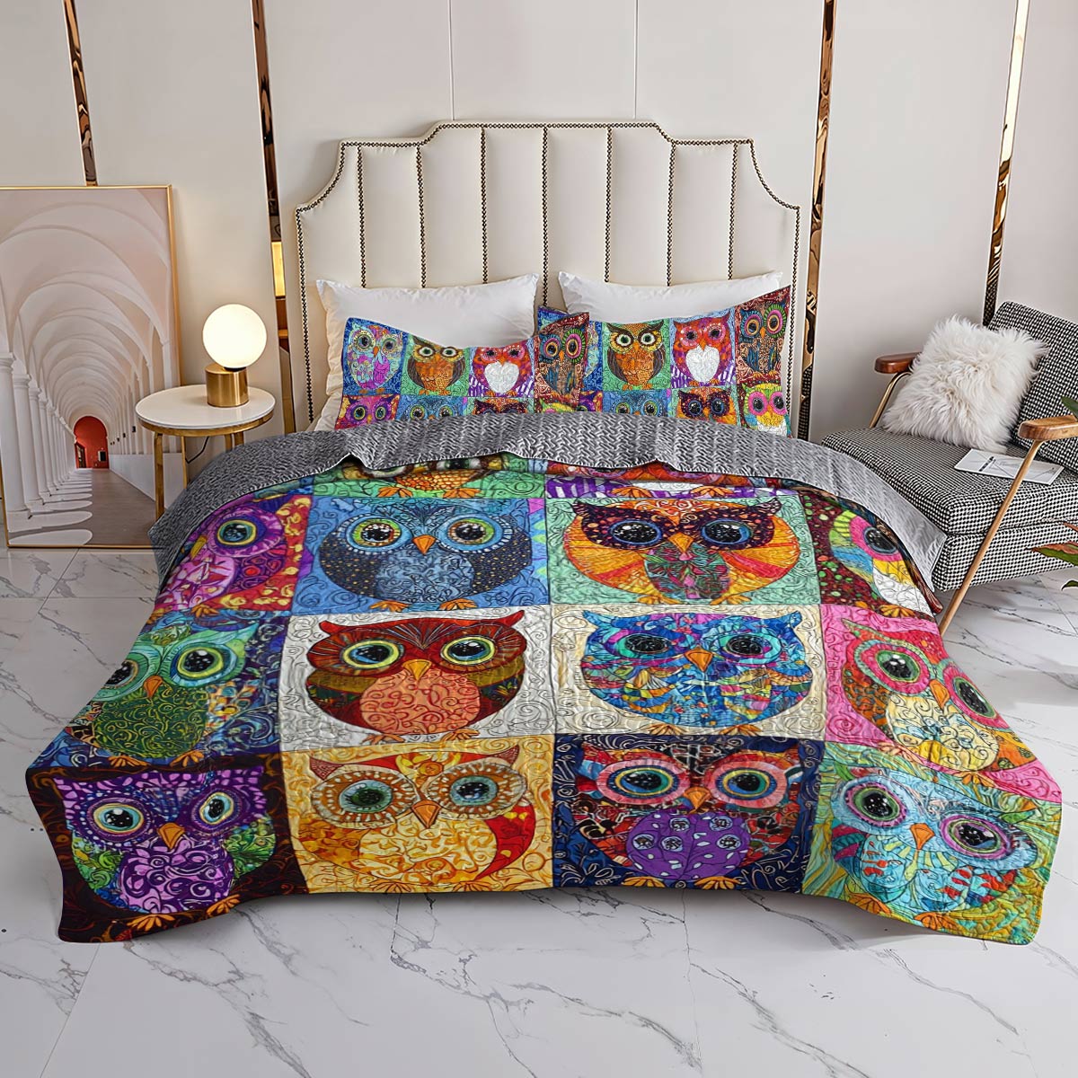 Shineful All Season Quilt 3-Piece Set Colorful Owls World