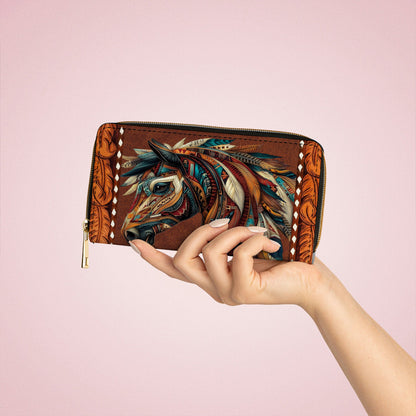 Shineful Leather Clutch Purse With Wristlet Strap Handle Tribal Horse Majesty