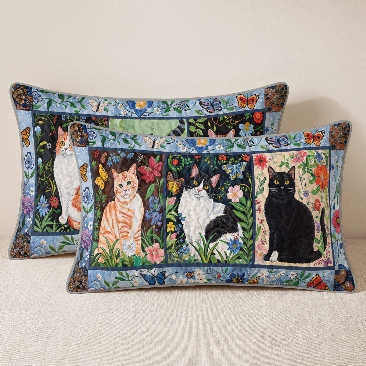 Shineful Quilt 3-Piece Set Cat Floral Felines