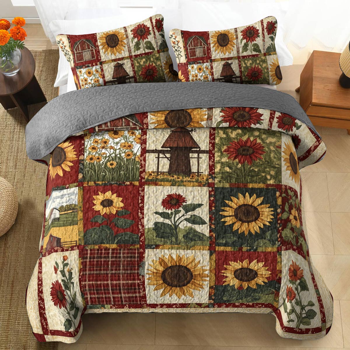Shineful All Season Quilt 3-Piece Set - Sunflower Rustic Farm