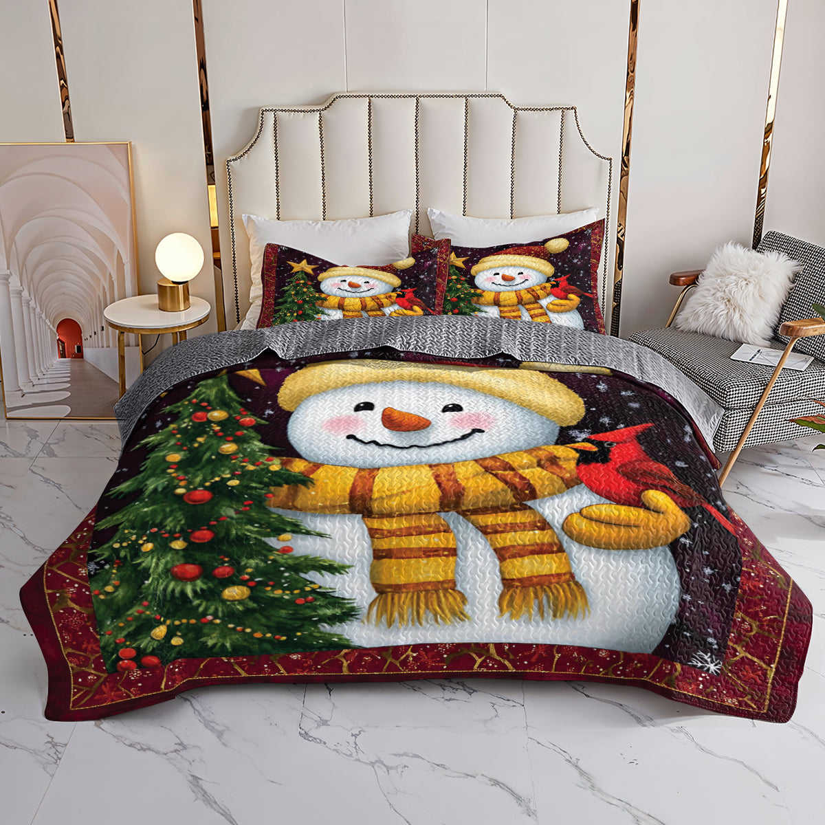 Shineful All Season Quilt 3-Piece Set Christmas Snowman And Cardinal
