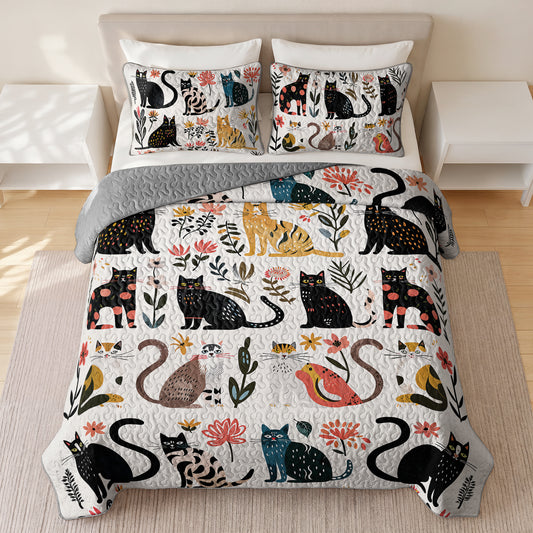 Shineful All Season Quilt 3-Piece Set Botanical Cat Bliss