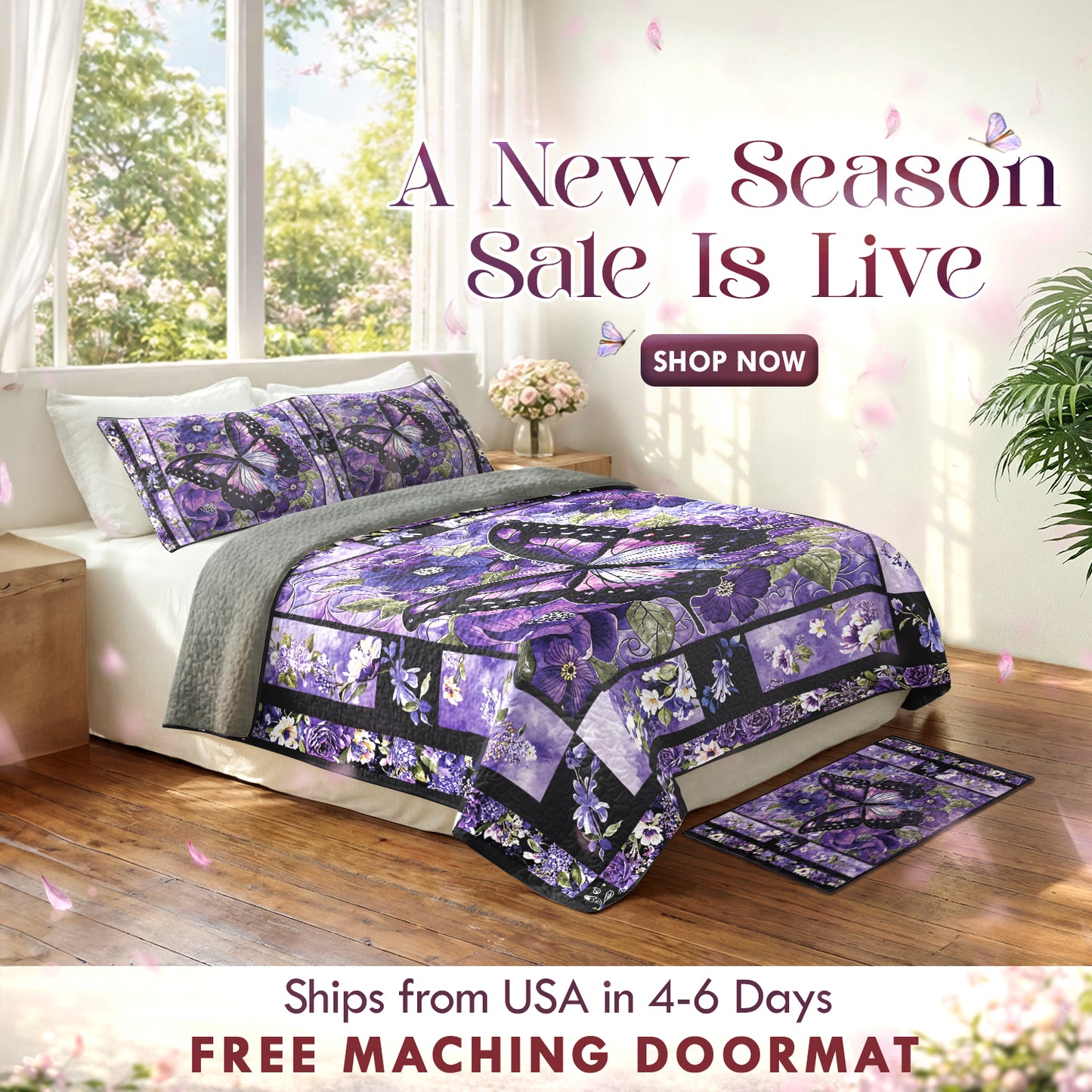 Shineful Quilt 3-Piece Set Gorgeous Purple Butterfly Flowers