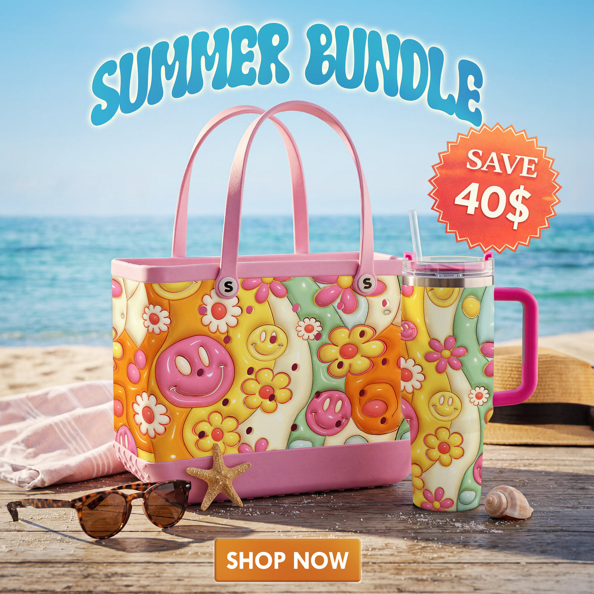 Shineful Bundle Beach Bag And Tumbler Sunny Smile