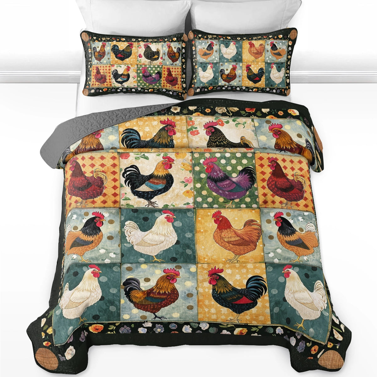 Shineful All Season Quilt 3-Piece Set Chicken Farm Rustic Roosters