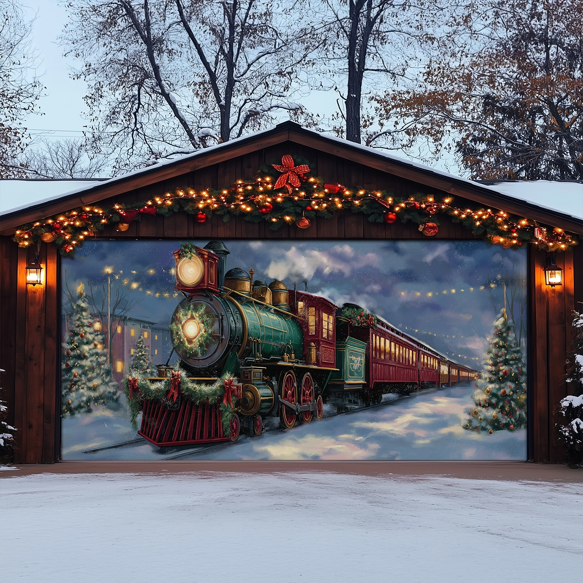 Shineful Garage Door Banner Decoration Christmas Eve Express Locomotive