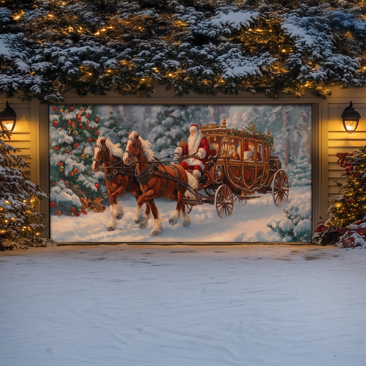 Shineful Garage Door Banner Decoration Santa’s Royal Christmas Carriage