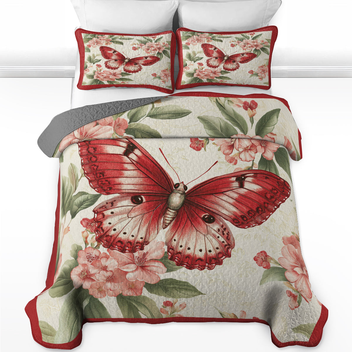 Shineful All Season Quilt 3-Piece Set Crimson Butterfly Dreams