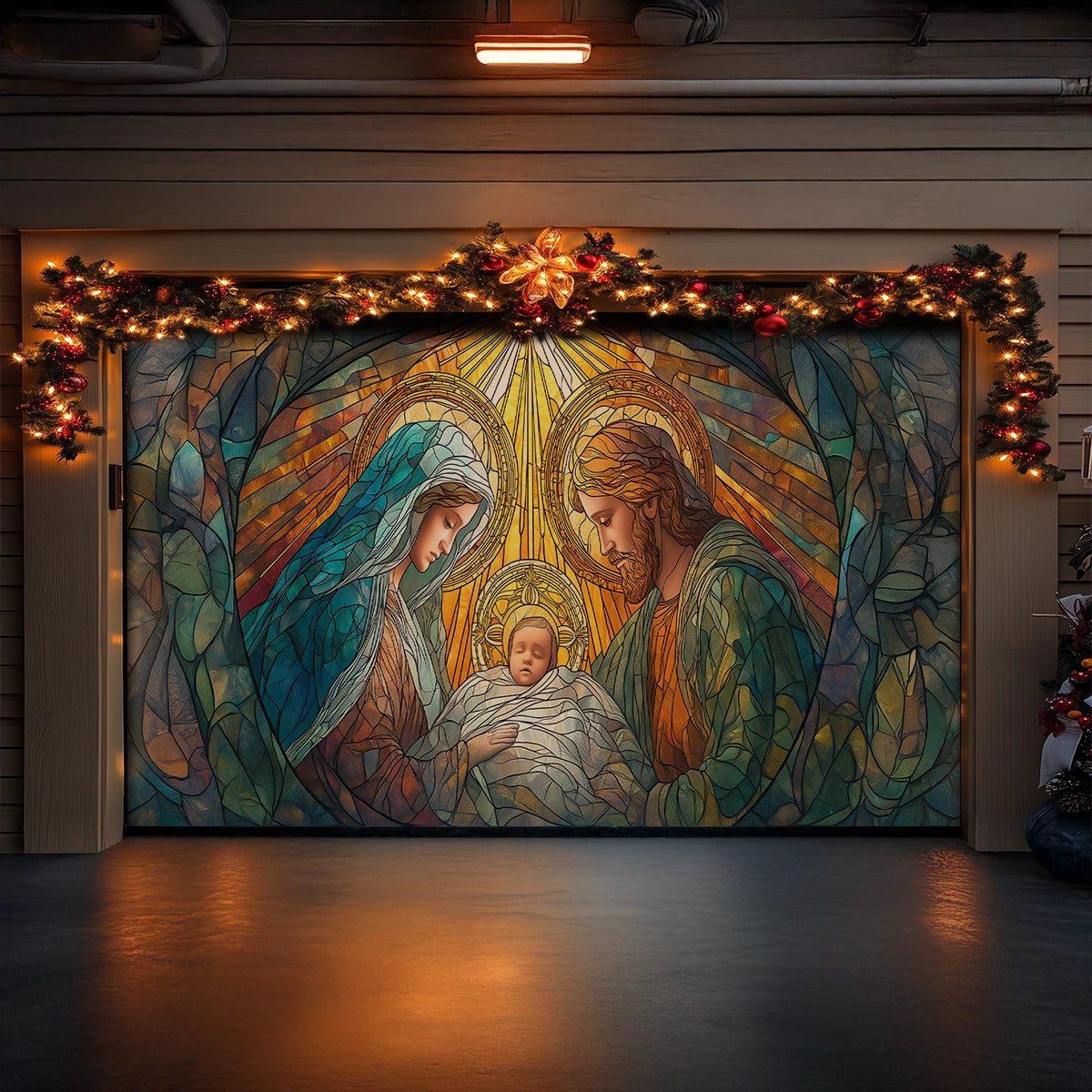 Shineful Garage Door Banner Decoration Holy Nativity Stained Glass