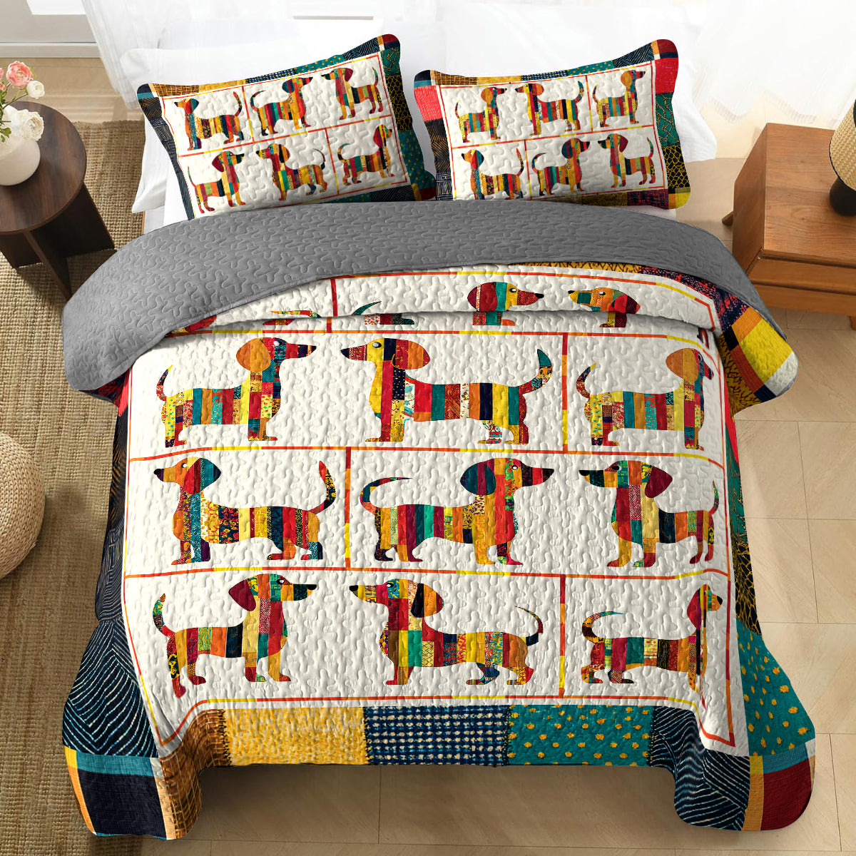 Shineful All Season Quilt 3-Piece Set - Cute And Active Dachshund