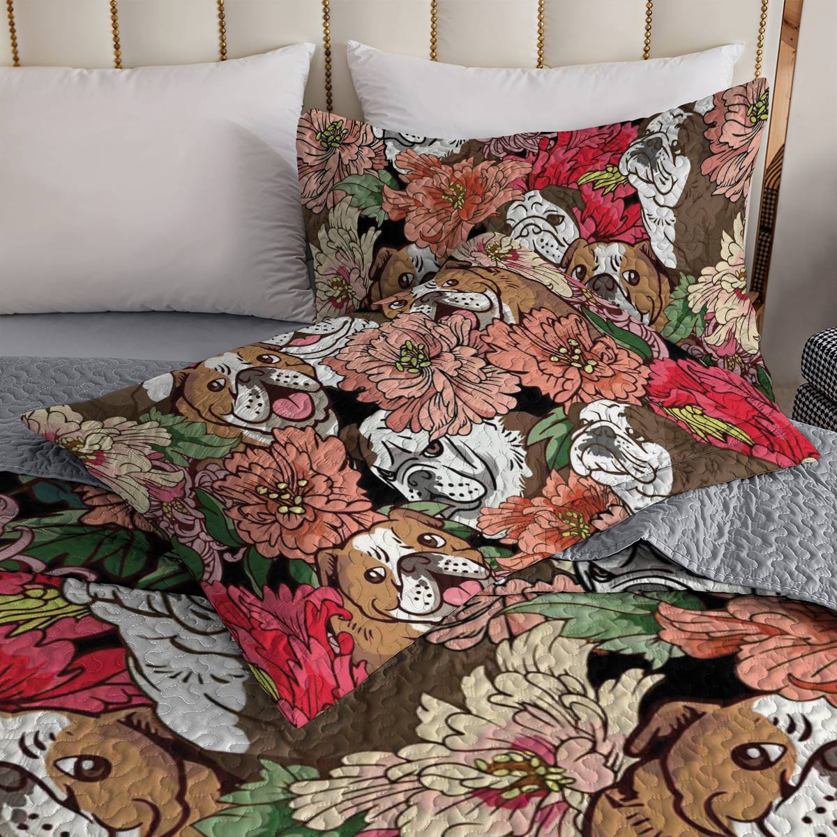 Shineful All Season Quilt 3-Piece Set Floral Bulldogs