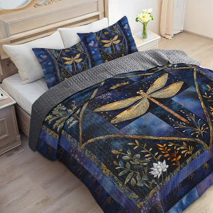 Shineful All Season Quilt 3-Piece Set Golden Dragonfly Transformation