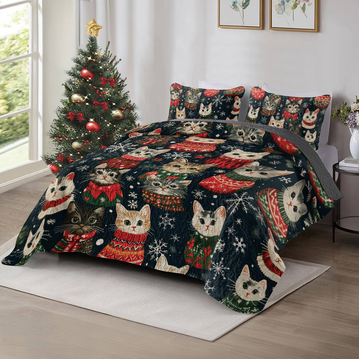 Shineful All Season Quilt 3-Piece Set Meowy Catmas