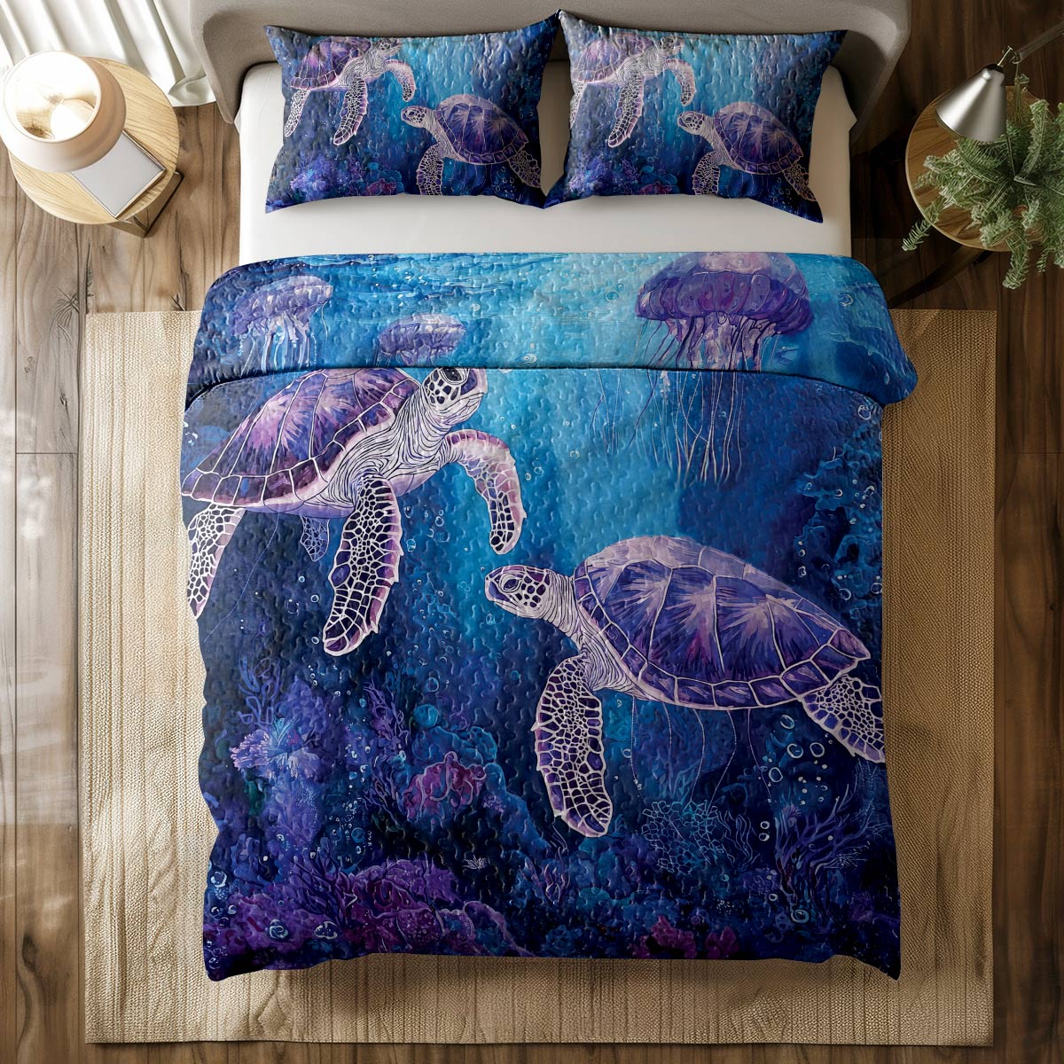 Shineful All Season Quilt 3-Piece Set - Sea Turtle & Jellyfish Harmony