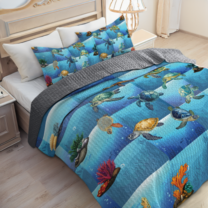 Shineful All Season Quilt 3-Piece Set - Ocean Harmony Sea Turtle Pattern