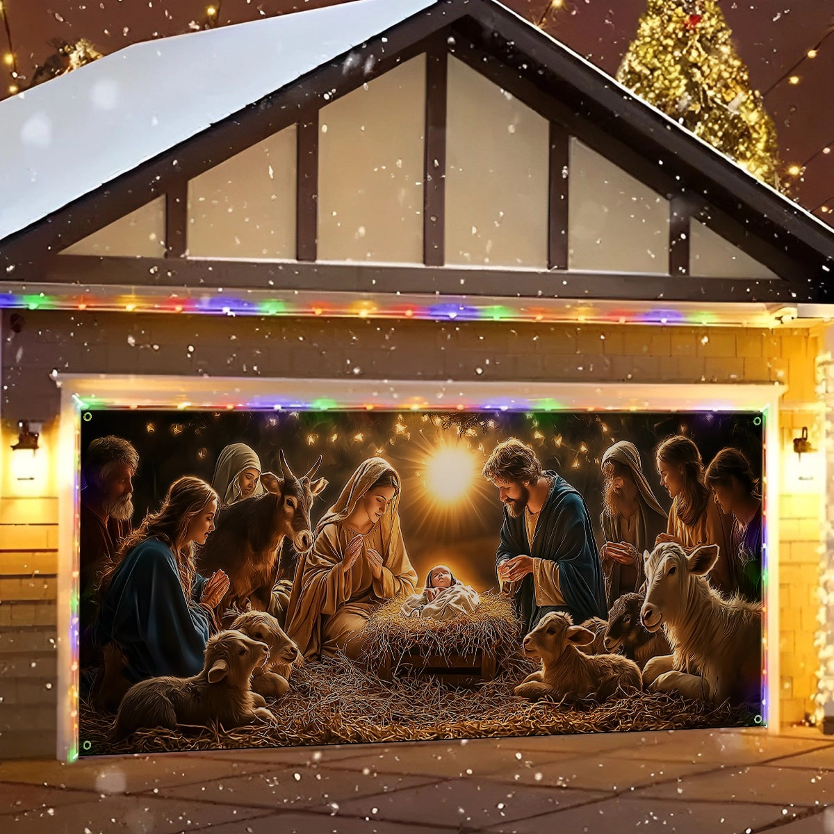 Shineful Garage Door Banner Decoration Peaceful Nativity Scene