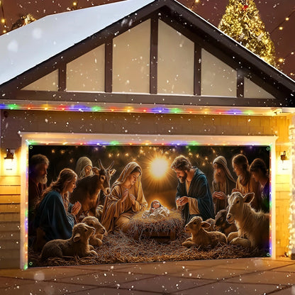 Shineful Garage Door Banner Decoration Peaceful Nativity Scene