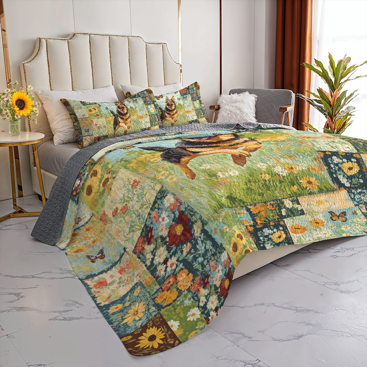 Shineful All Season Quilt 3-Piece Set Butterfly Chase German Shepherd