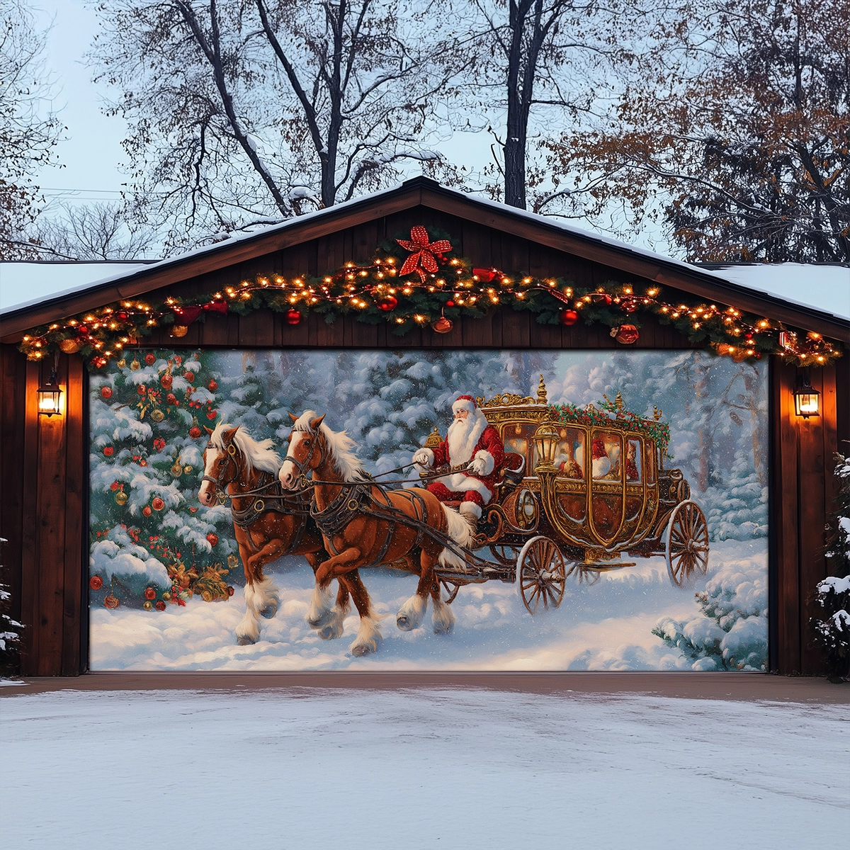 Shineful Garage Door Banner Decoration Santa’s Royal Christmas Carriage