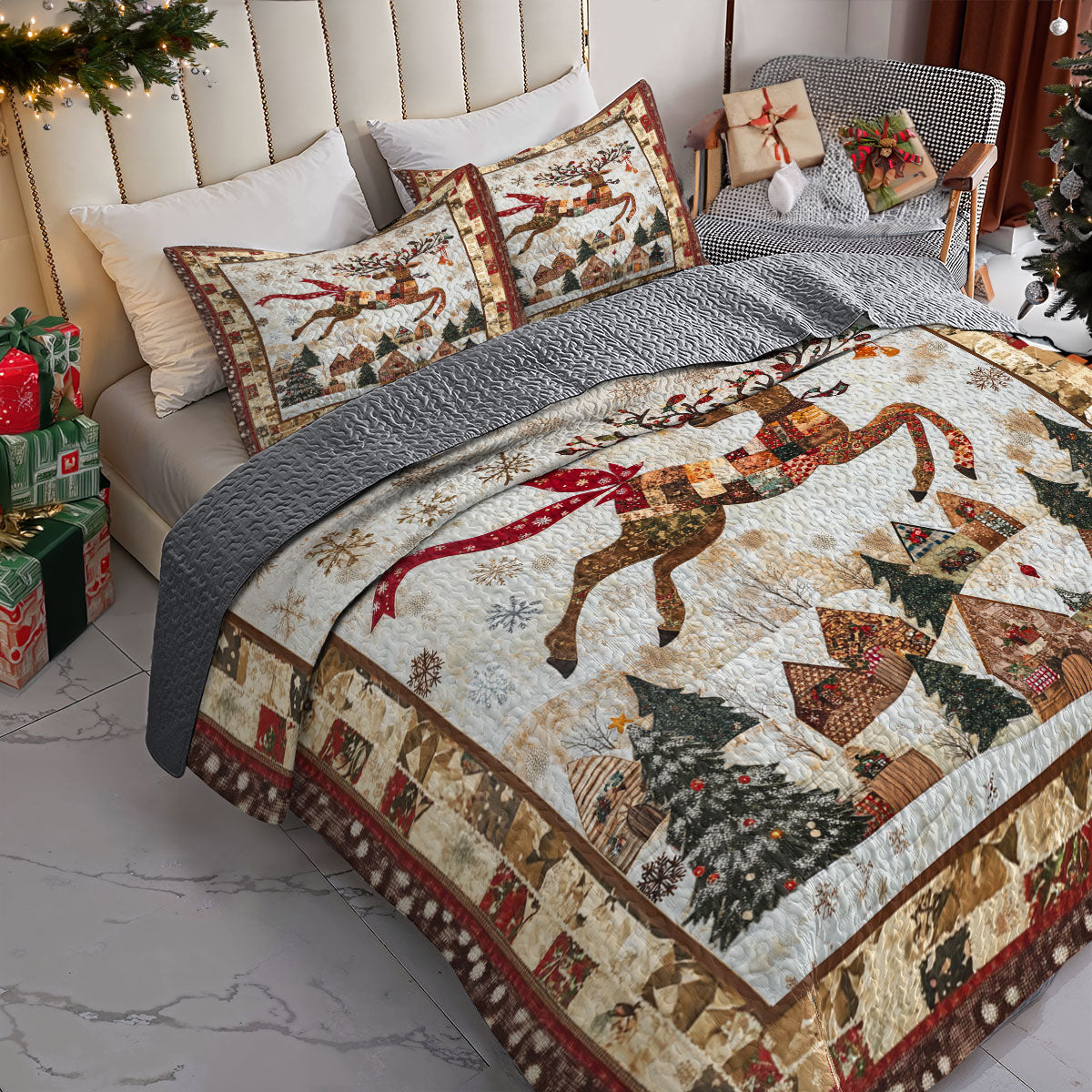 Shineful All Season Quilt 3-Piece Set Winter Reindeer Magic