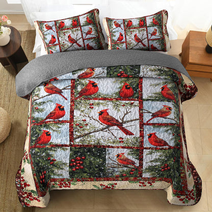 Shineful All Season Quilt 3-Piece Set Cheerful Cardinal Patchwork