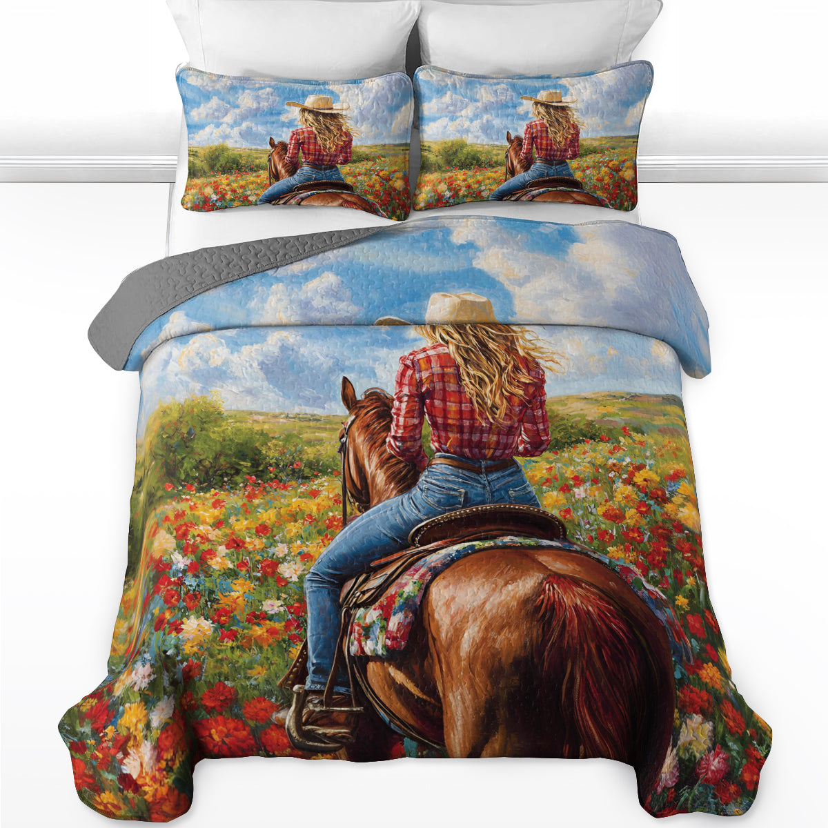 Shineful All Season Quilt 3-Piece Set Cowgirl And Horse On Flower Field