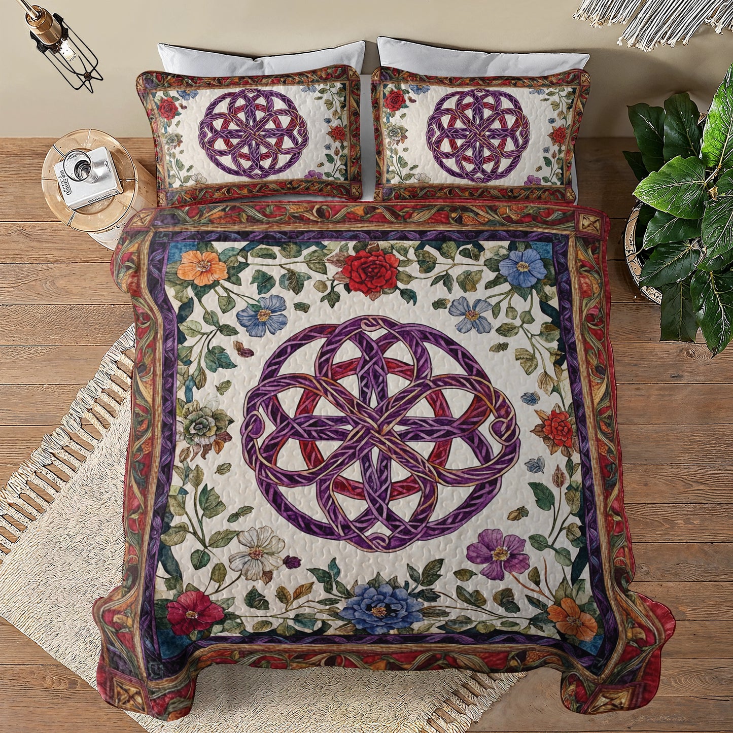 Shineful All Season Quilt 3-Piece Set Floral Celtic Knots