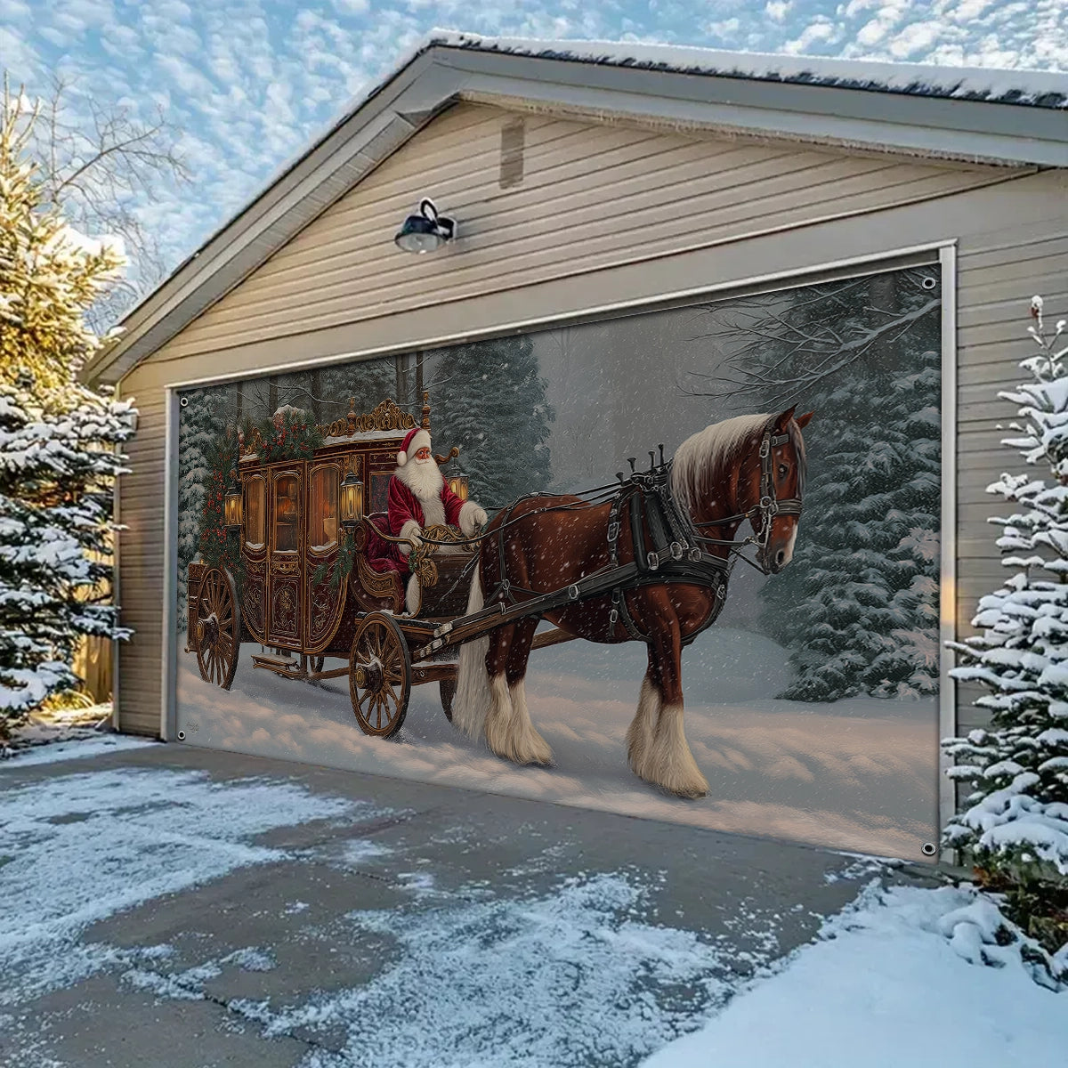 Shineful Garage Door Banner Decoration Santa’s Victorian Carriage Ride