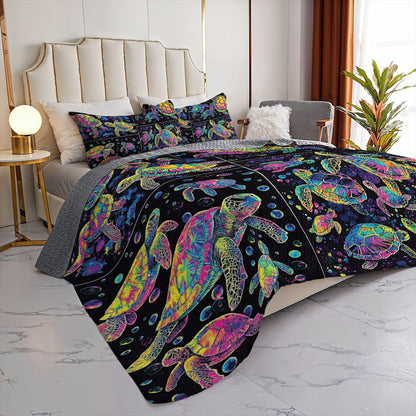 Shineful All Season Quilt 3-Piece Set Neon Bubble Sea Turtle