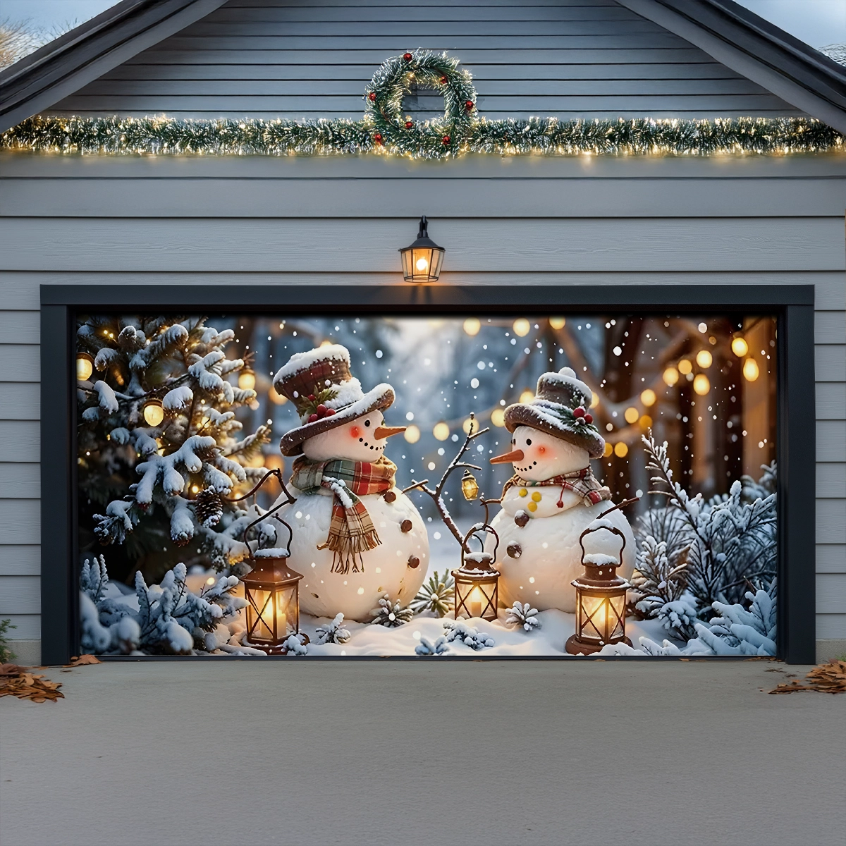 Shineful Garage Door Banner Decoration Twilight Snowman Lantern Festival