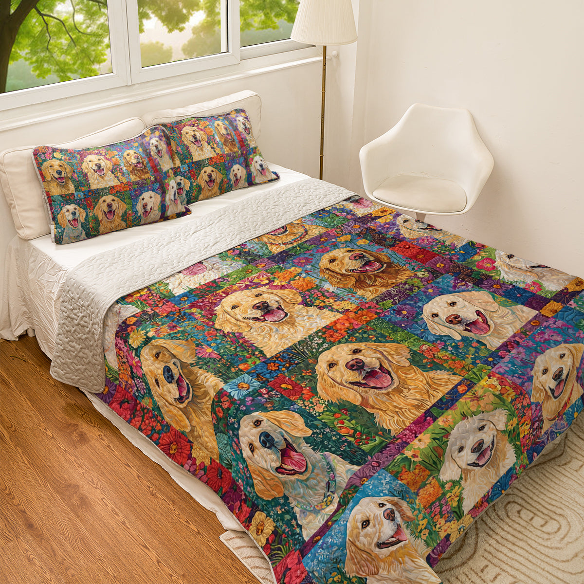 Shineful All Season Quilt 3-Piece Set Floral Golden Retriever Patchwork